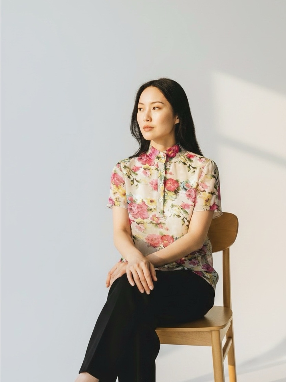 Floral Short-Sleeve Mandarin Collar Blouse